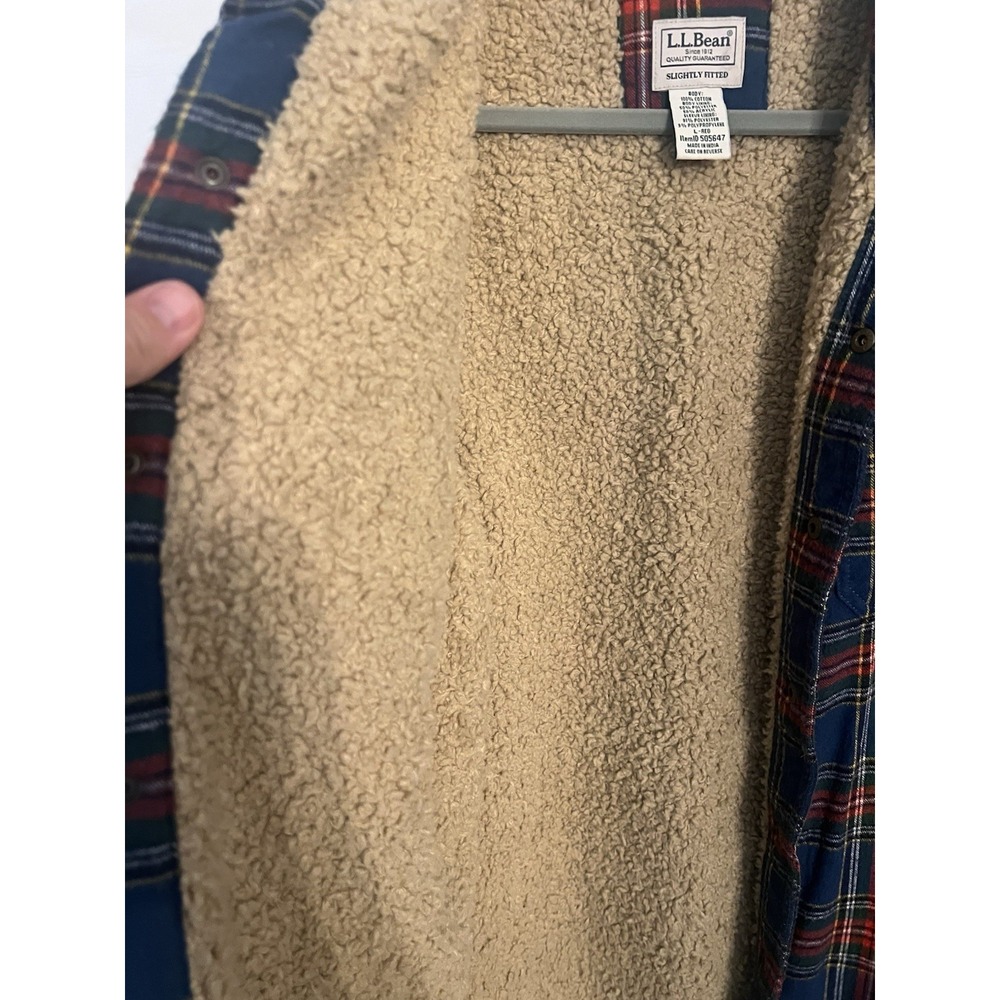 L.L. Bean Shacket Men's Large‎ Multicolor Plaid Sherpa Blue Red Military Jacket - Picture 10 of 11